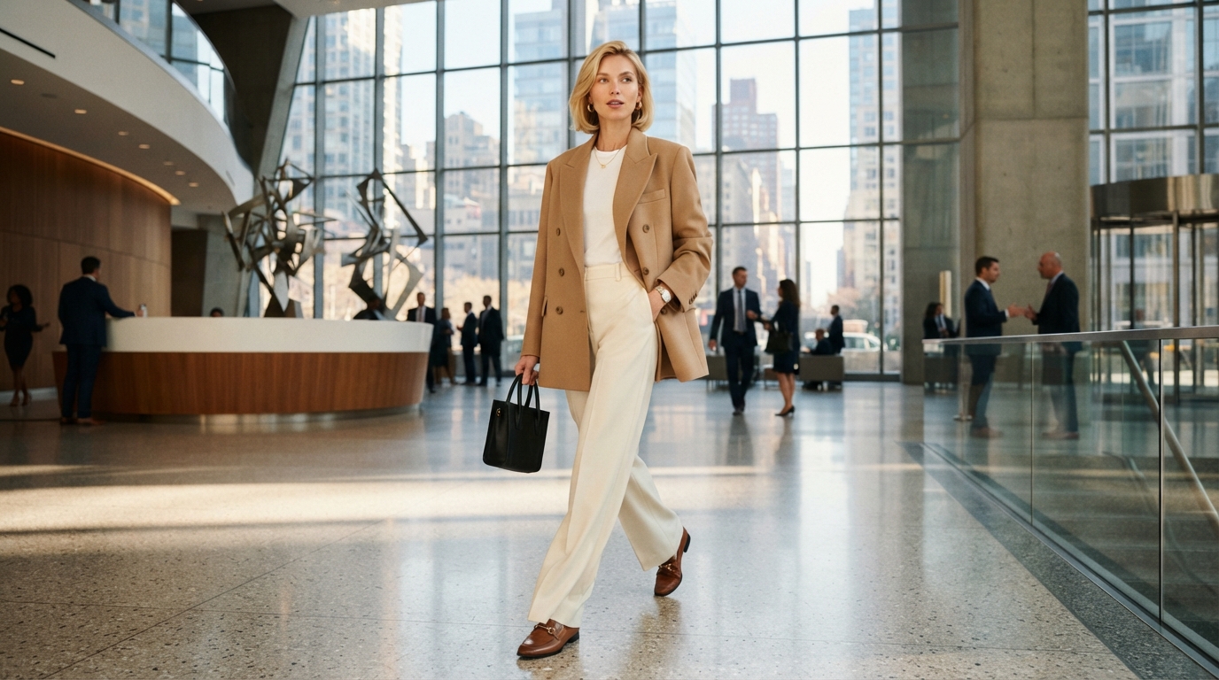 Oversized Camel Blazer & High-Waisted Ivory Trousers Business Casual Outfit